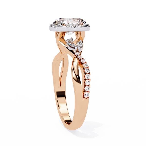 Rose Gold Oval Cut Diamond Halo Ring with Marquise Accents and Twisted Pavé Band