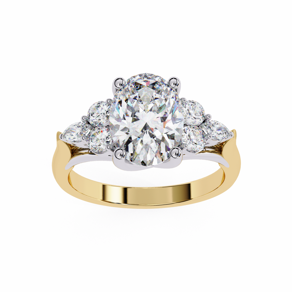 Yellow Gold Oval Cut Diamond Cluster Ring with Marquise and Round Side Stones