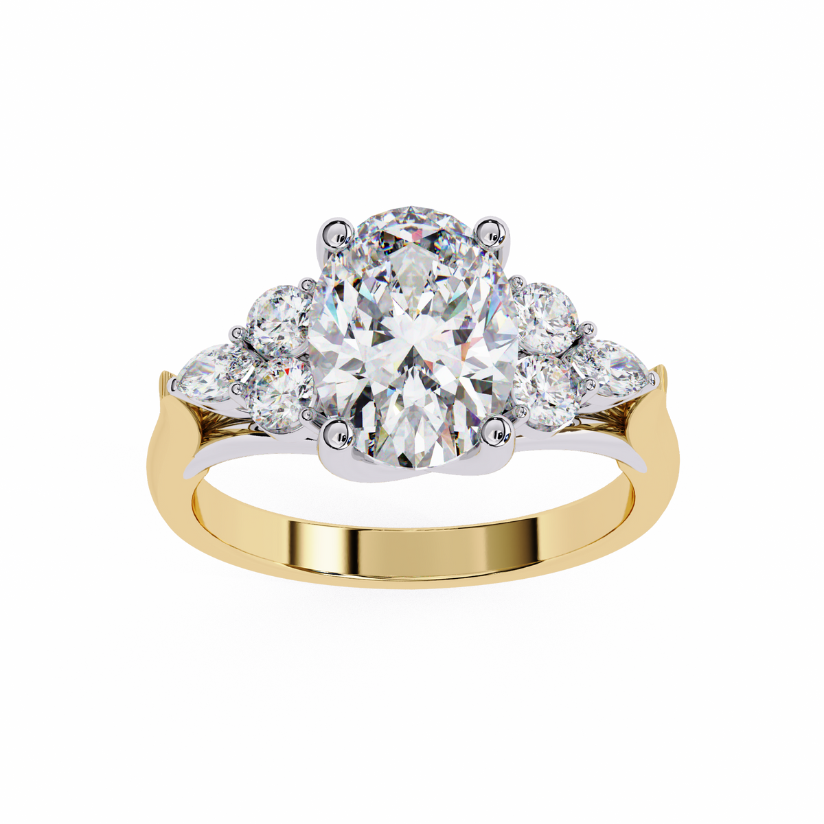 Yellow Gold Oval Cut Diamond Cluster Ring with Marquise and Round Side Stones