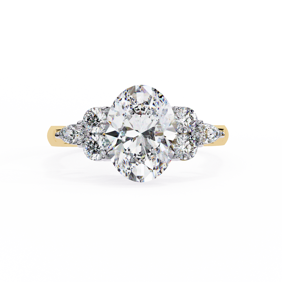 Yellow Gold Oval Cut Diamond Cluster Ring with Marquise and Round Side Stones