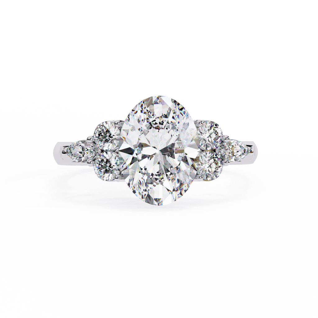 White Gold Oval Cut Diamond Cluster Ring with Marquise and Round Side Stones