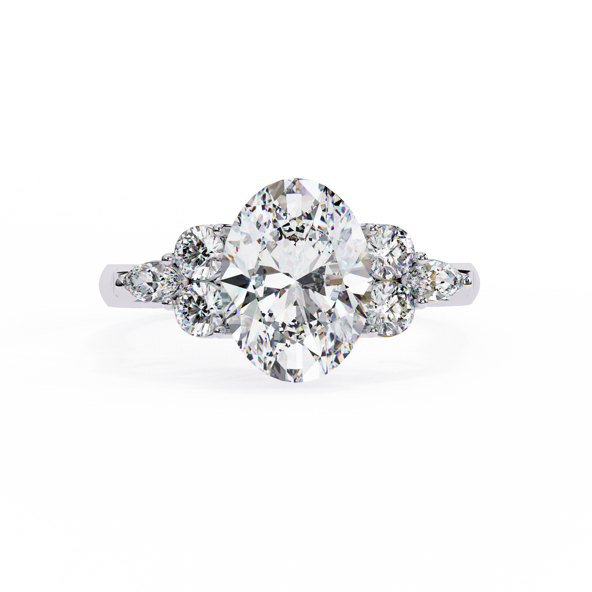 White Gold Oval Cut Diamond Cluster Ring with Marquise and Round Side Stones