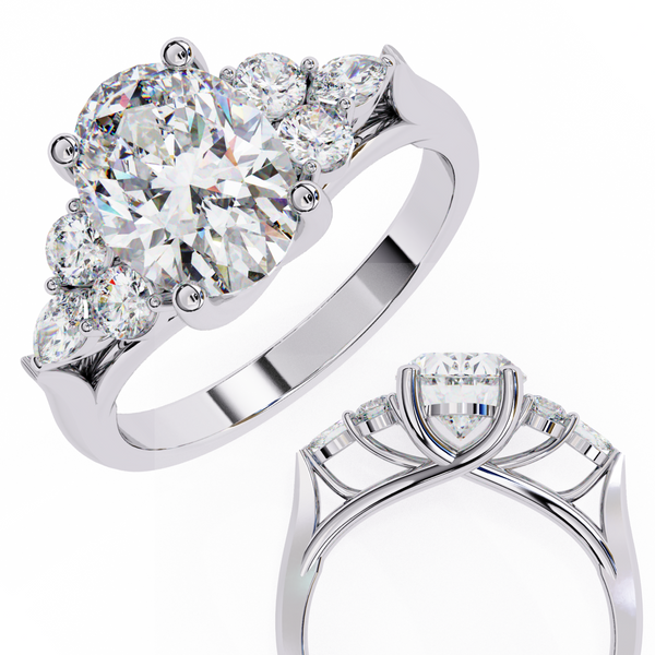 White Gold Oval Cut Diamond Cluster Ring with Marquise and Round Side Stones
