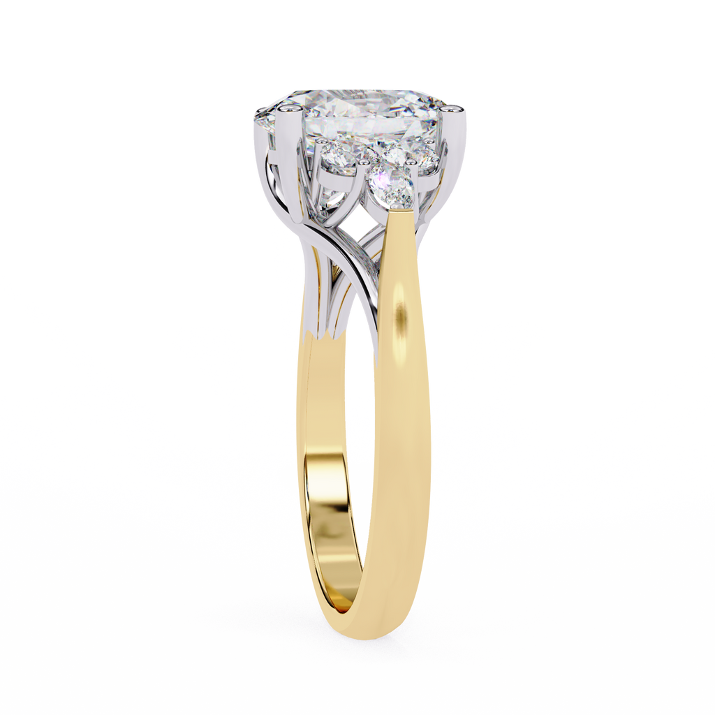 Yellow Gold Oval Cut Diamond Cluster Ring with Marquise and Round Side Stones