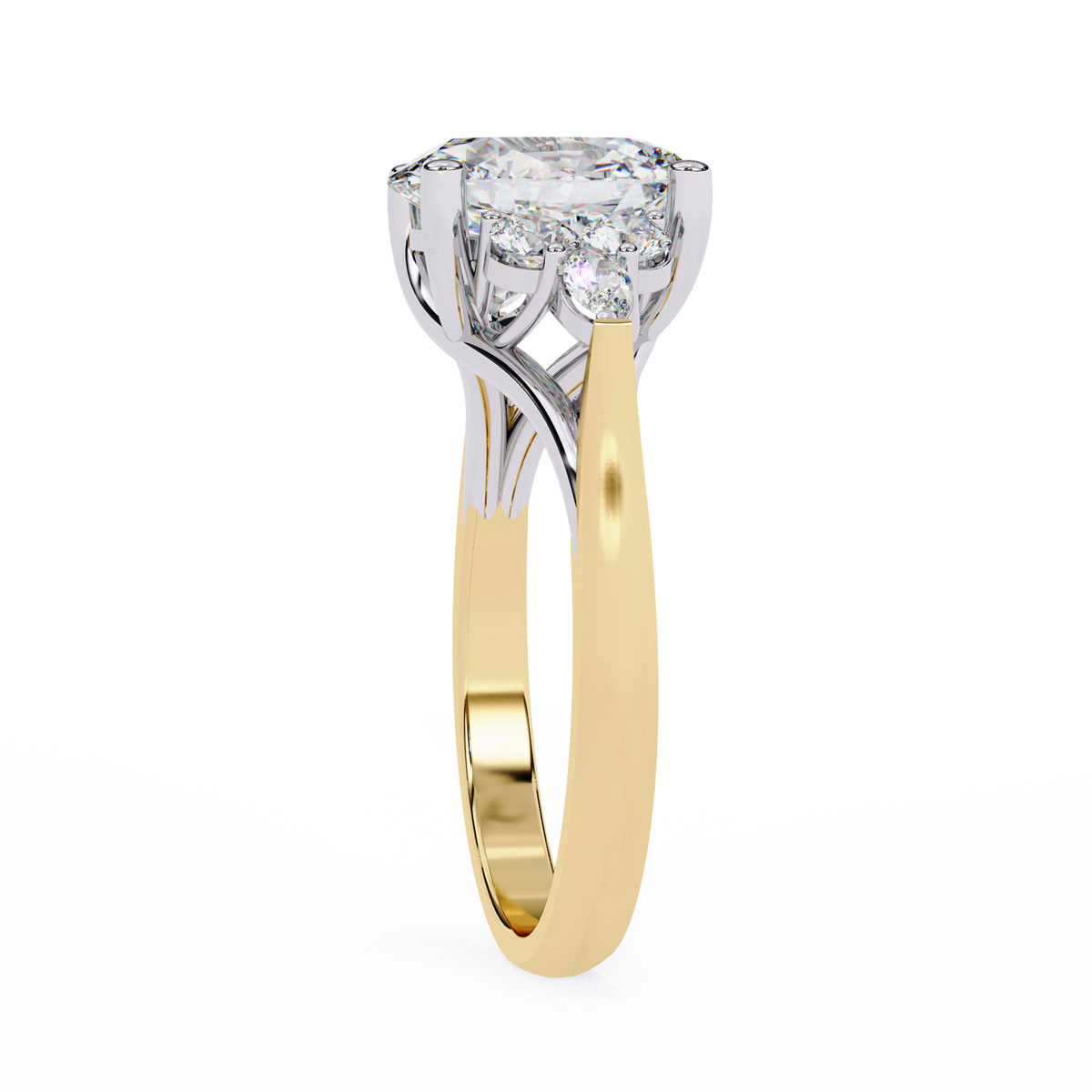 Yellow Gold Oval Cut Diamond Cluster Ring with Marquise and Round Side Stones