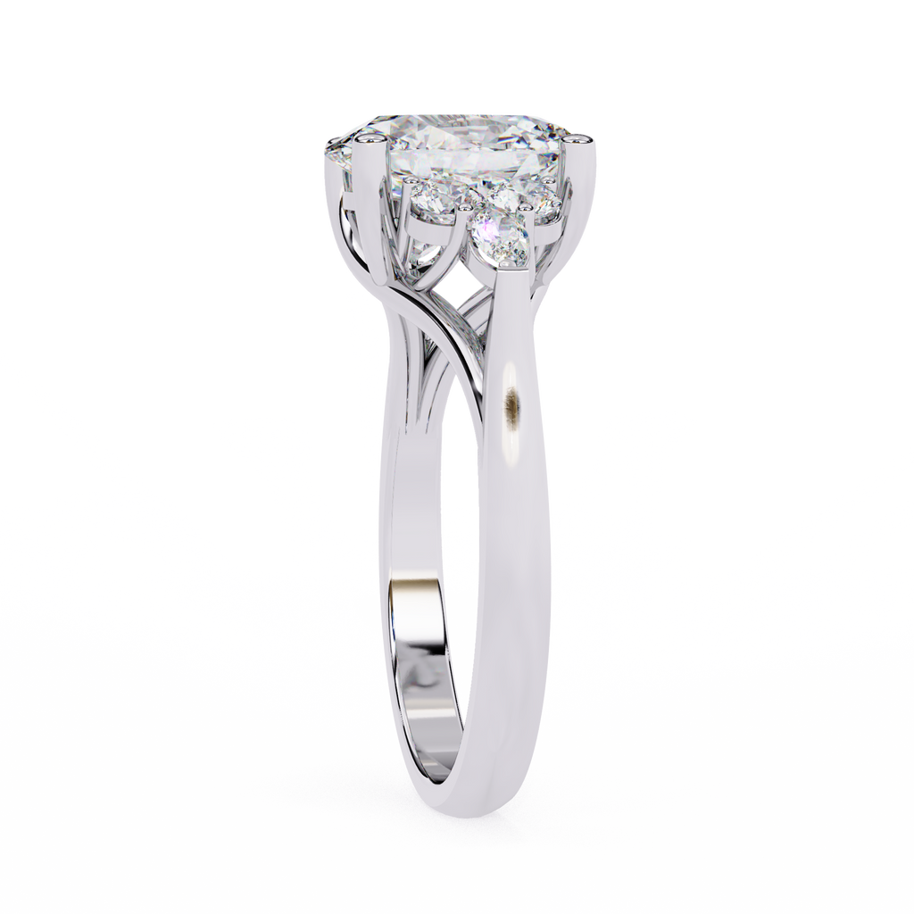 White Gold Oval Cut Diamond Cluster Ring with Marquise and Round Side Stones