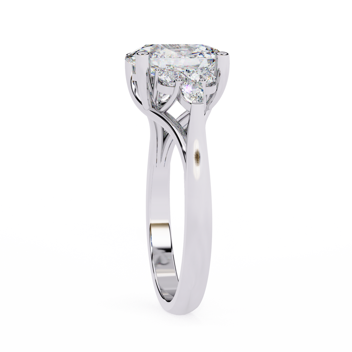 White Gold Oval Cut Diamond Cluster Ring with Marquise and Round Side Stones