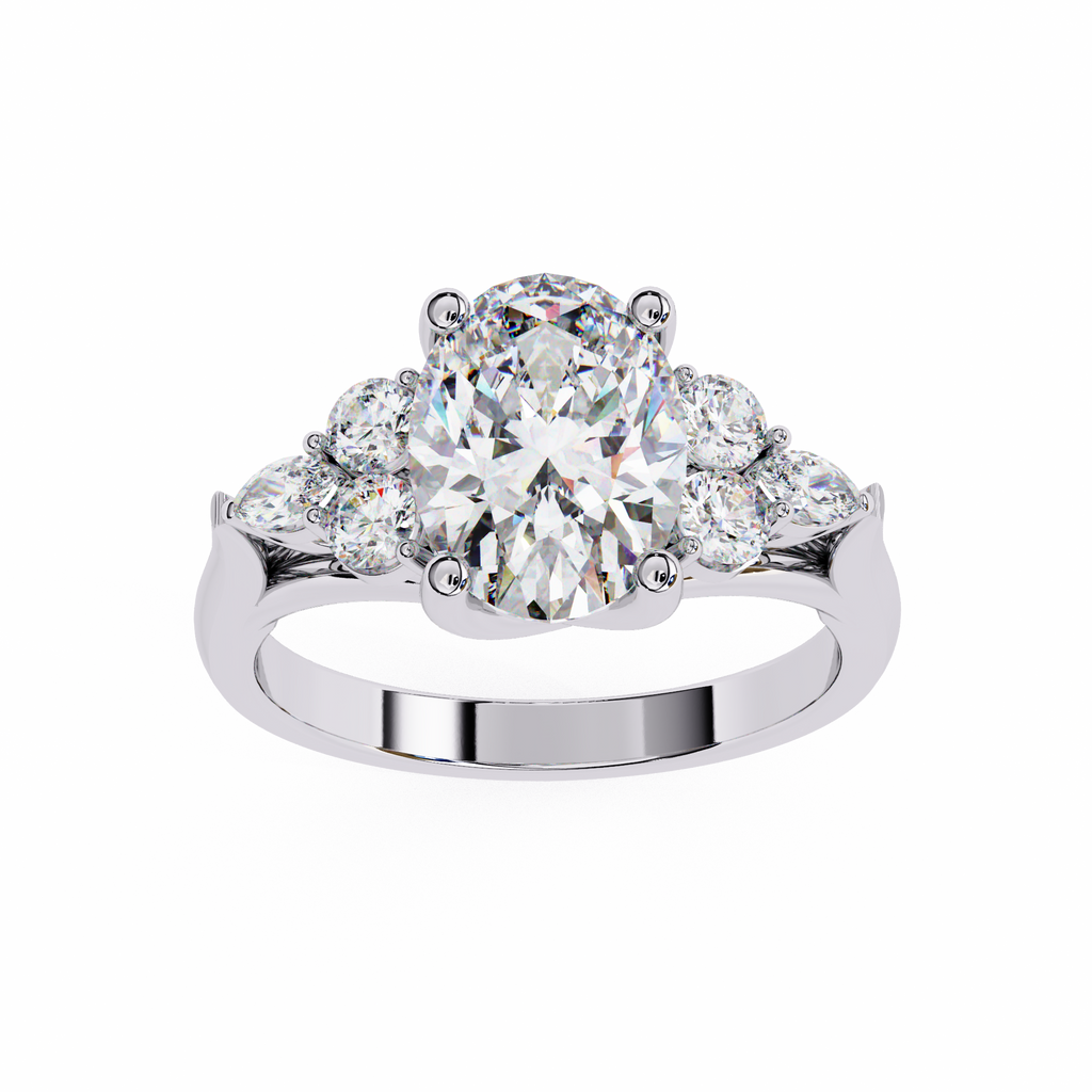 White Gold Oval Cut Diamond Cluster Ring with Marquise and Round Side Stones