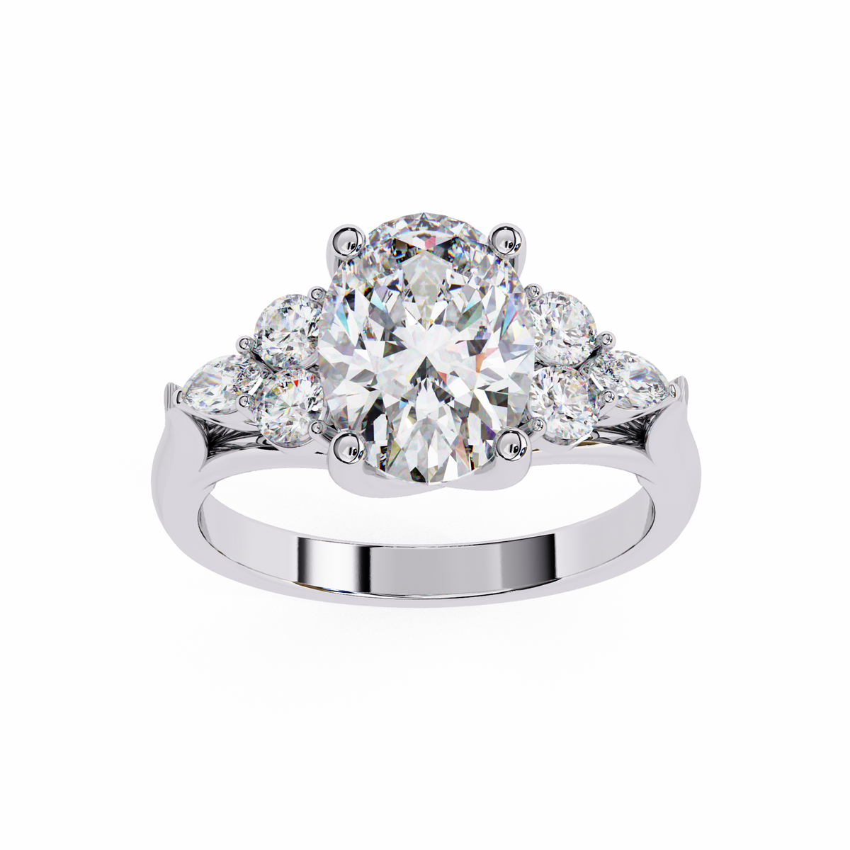 White Gold Oval Cut Diamond Cluster Ring with Marquise and Round Side Stones