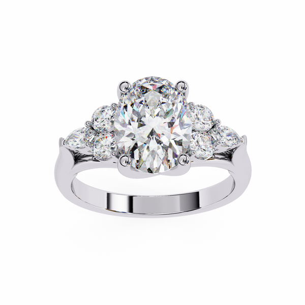White Gold Oval Cut Diamond Cluster Ring with Marquise and Round Side Stones