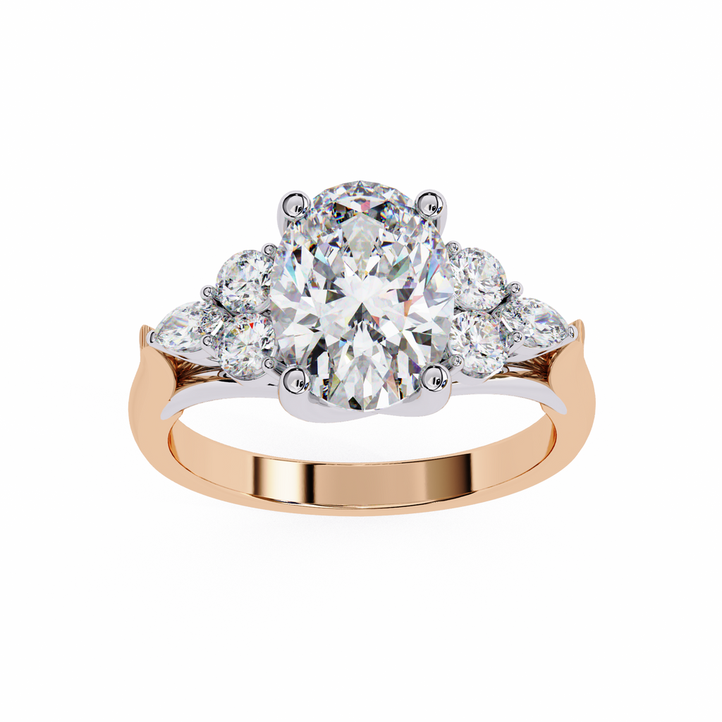 Rose Gold Oval Cut Diamond Cluster Ring with Marquise and Round Side Stones