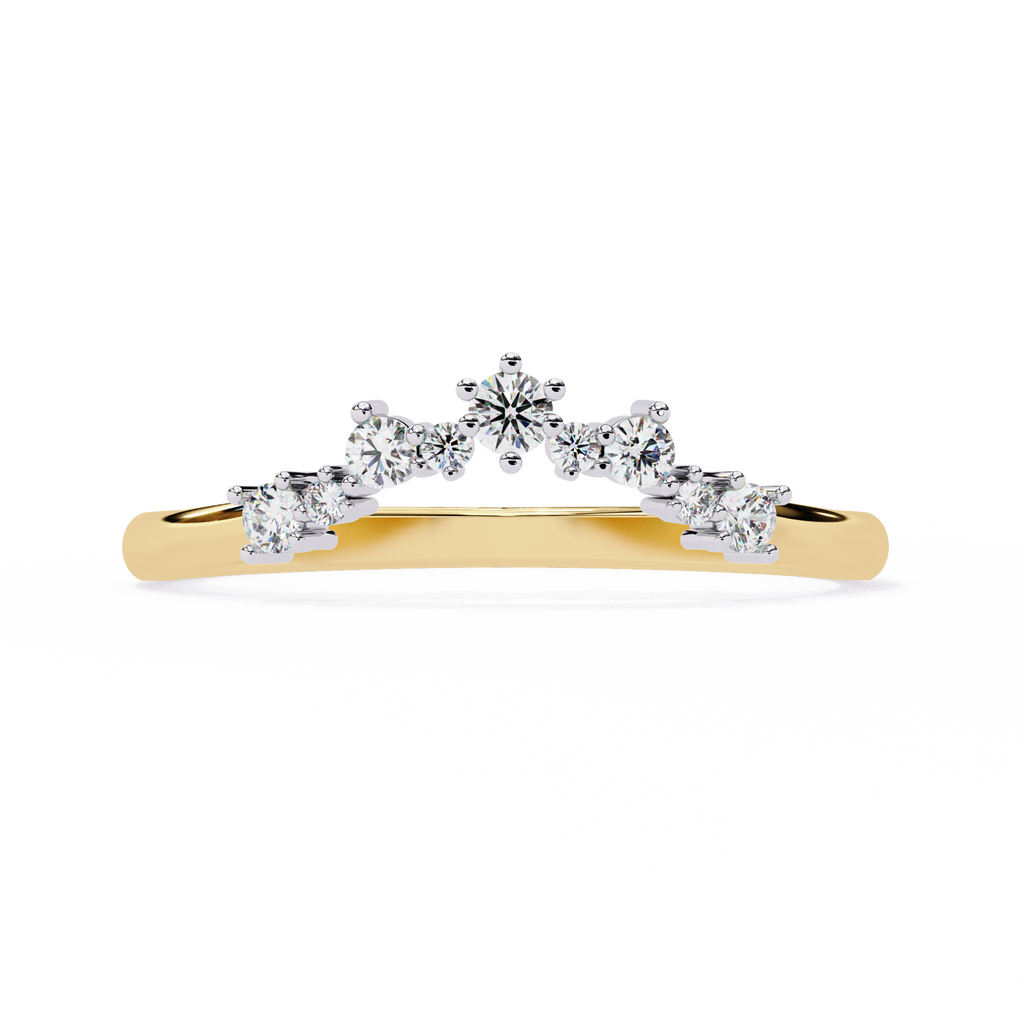 Yellow Gold Round Diamond Crown Tiara Curved Band Ring