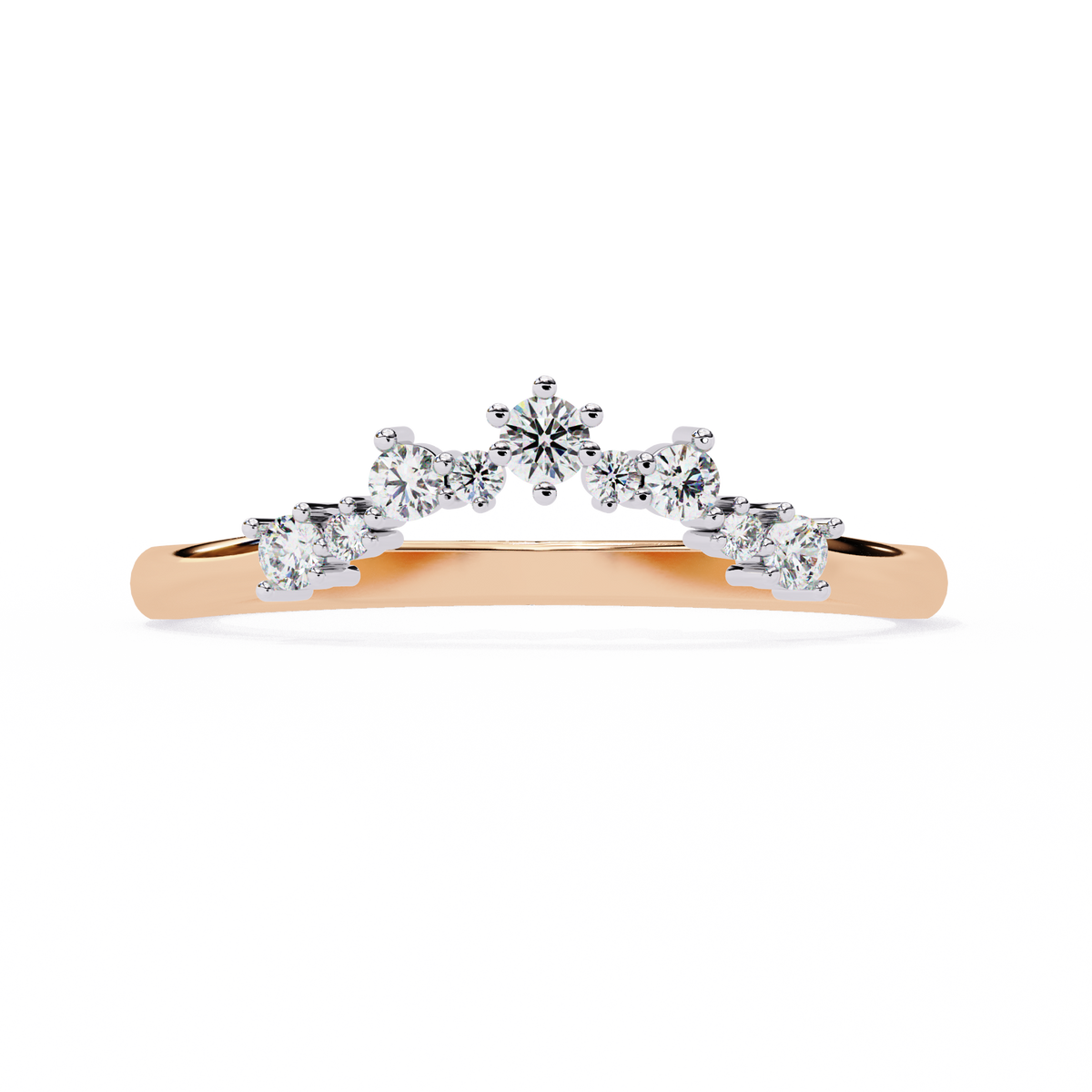 Rose Gold Round Diamond Crown Tiara Curved Band Ring