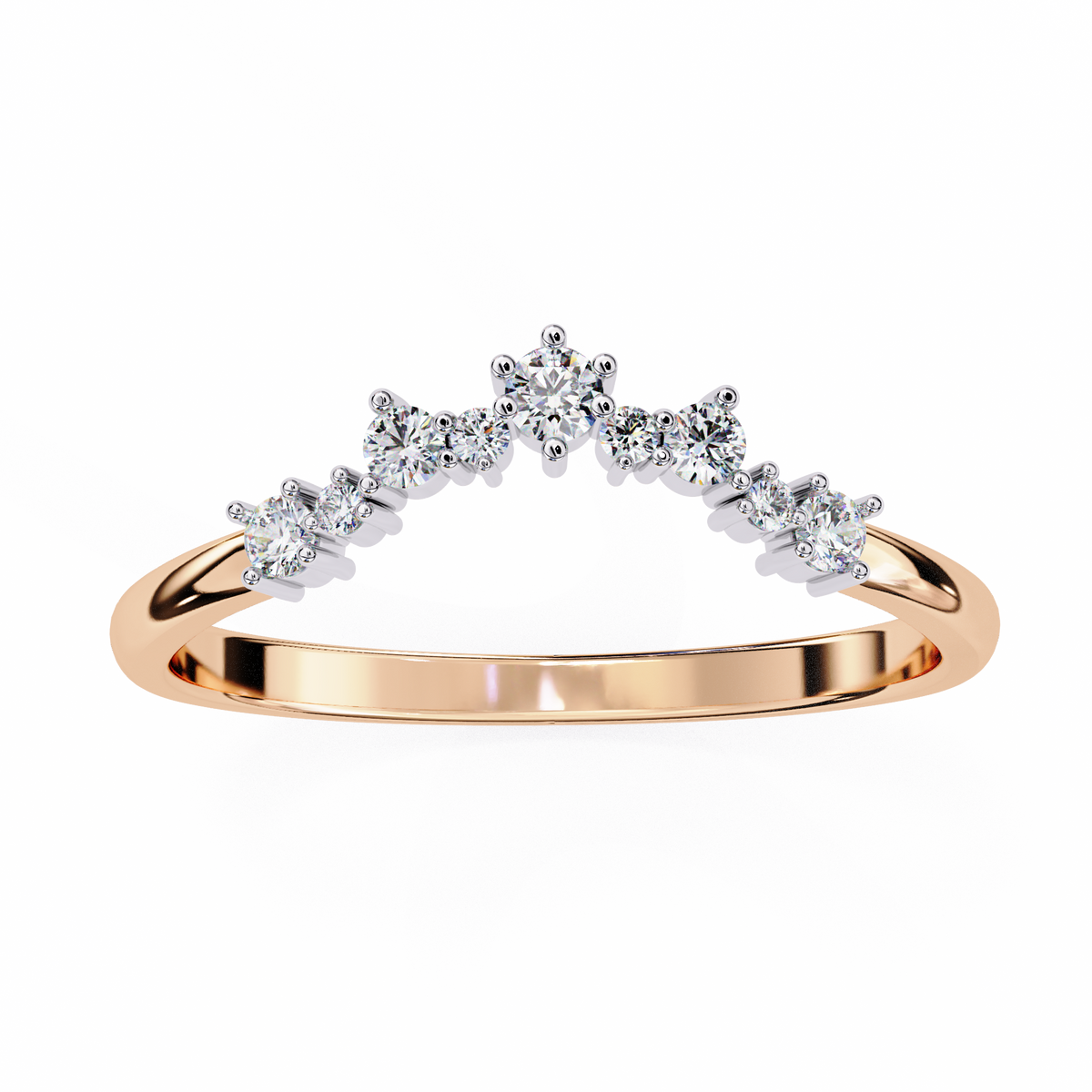 Rose Gold Round Diamond Crown Tiara Curved Band Ring
