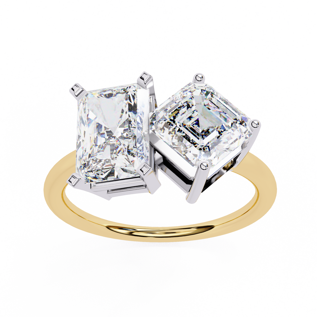 Yellow Gold Toi et Moi Radiant and Asscher Cut Two Stone Diamond Ring