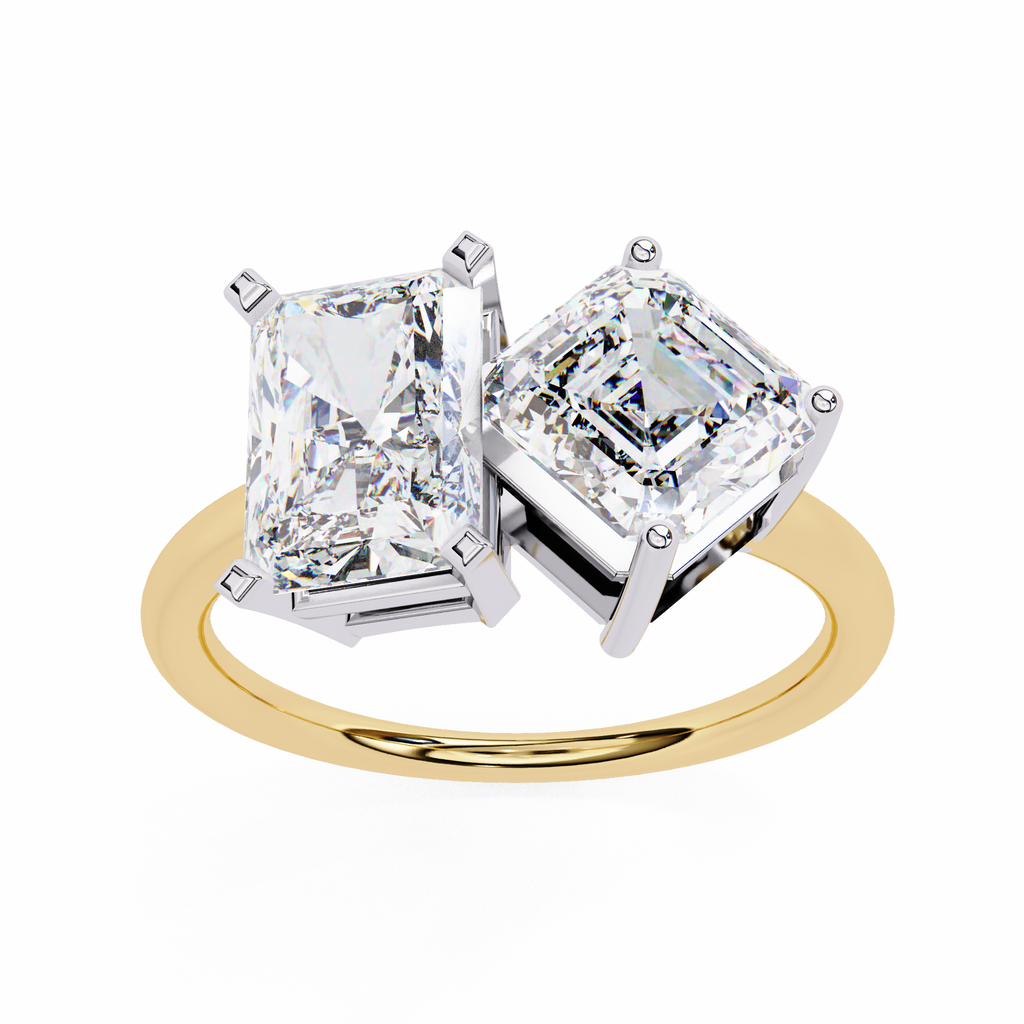 Yellow Gold Toi et Moi Radiant and Asscher Cut Two Stone Diamond Ring