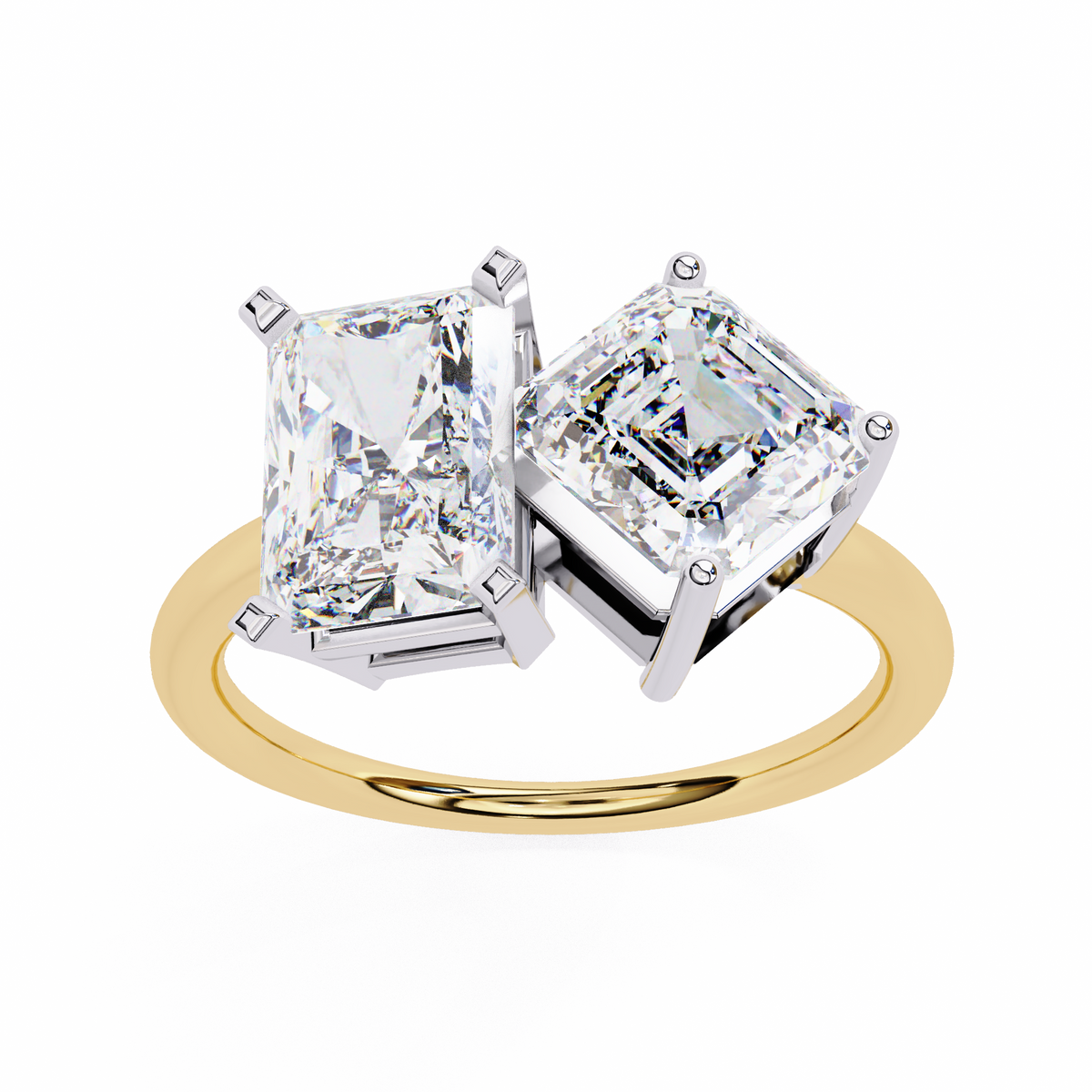 Yellow Gold Toi et Moi Radiant and Asscher Cut Two Stone Diamond Ring