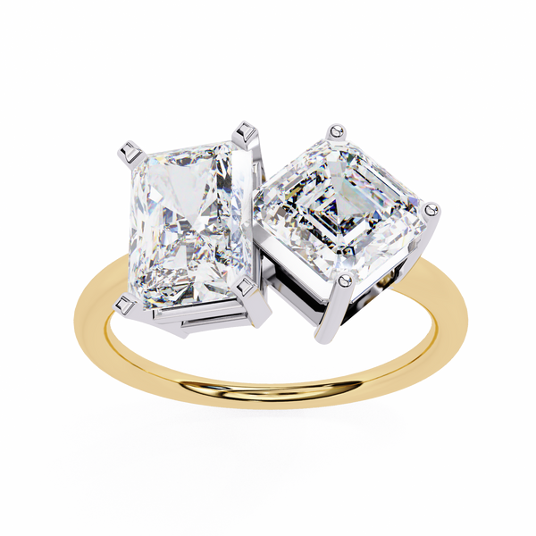 Yellow Gold Toi et Moi Radiant and Asscher Cut Two Stone Diamond Ring