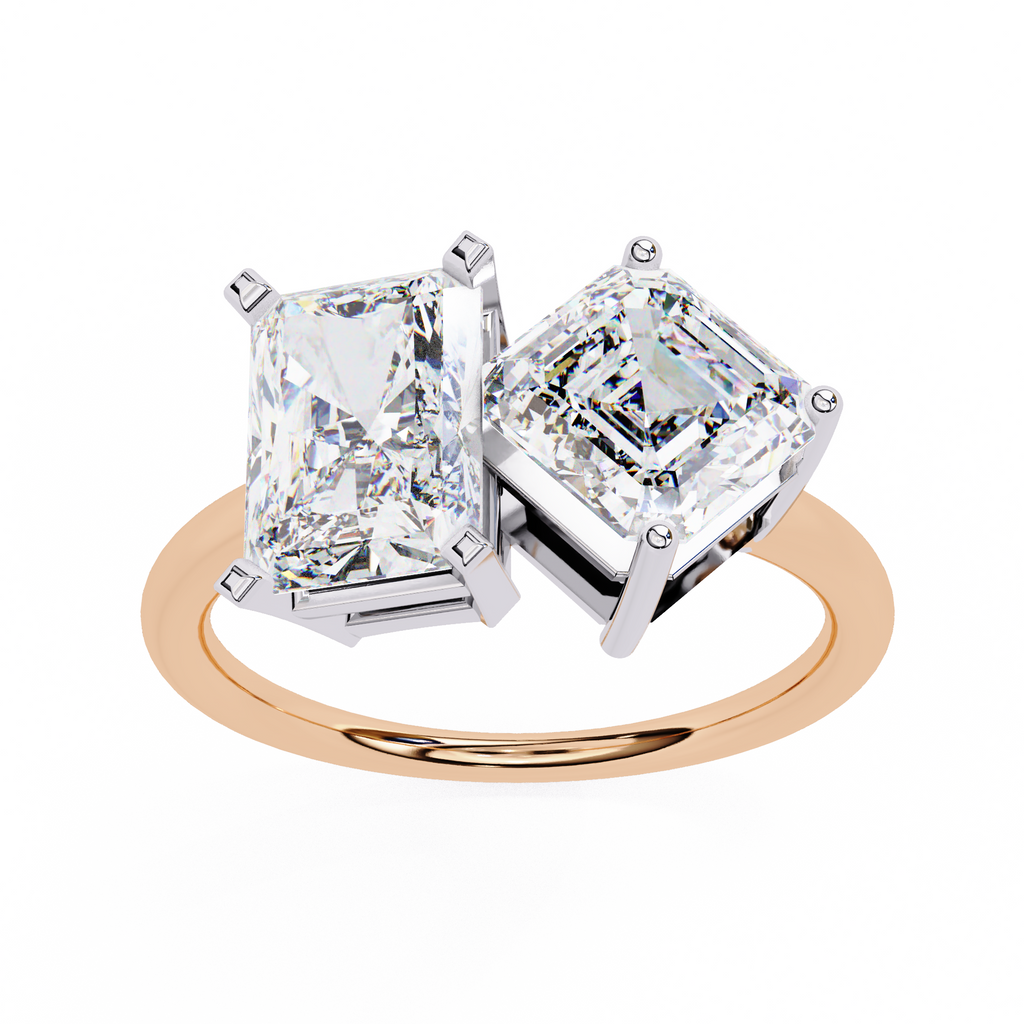 Rose Gold Toi et Moi Radiant and Asscher Cut Two Stone Diamond Ring