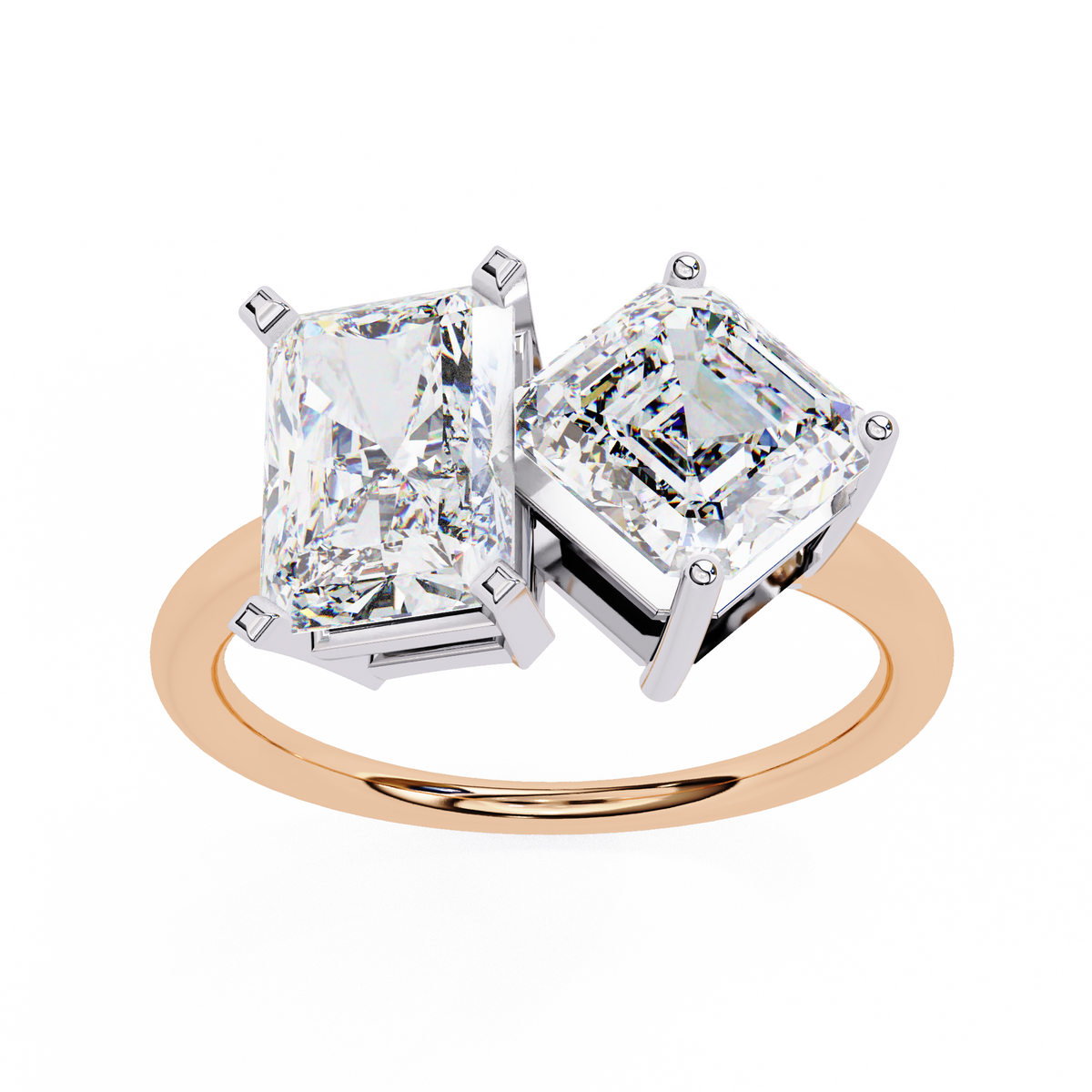 Rose Gold Toi et Moi Radiant and Asscher Cut Two Stone Diamond Ring
