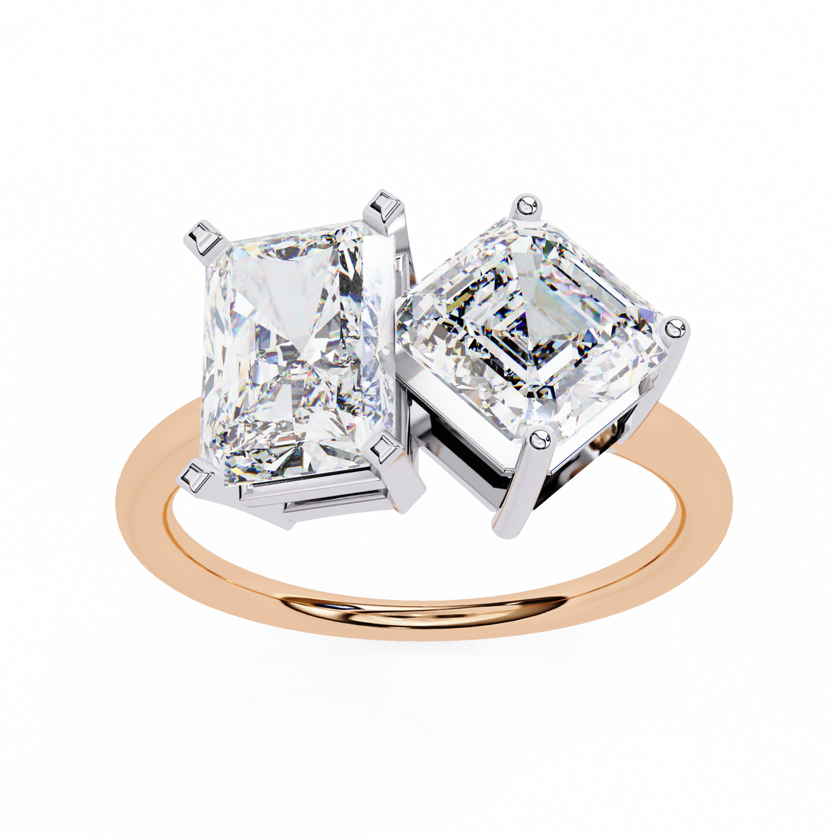 Rose Gold Toi et Moi Radiant and Asscher Cut Two Stone Diamond Ring