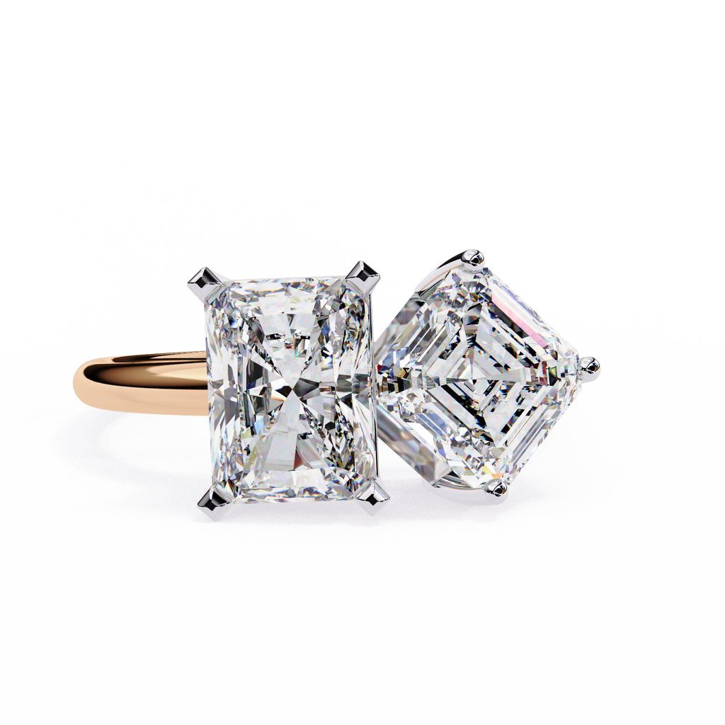 Rose Gold Toi et Moi Radiant and Asscher Cut Two Stone Diamond Ring