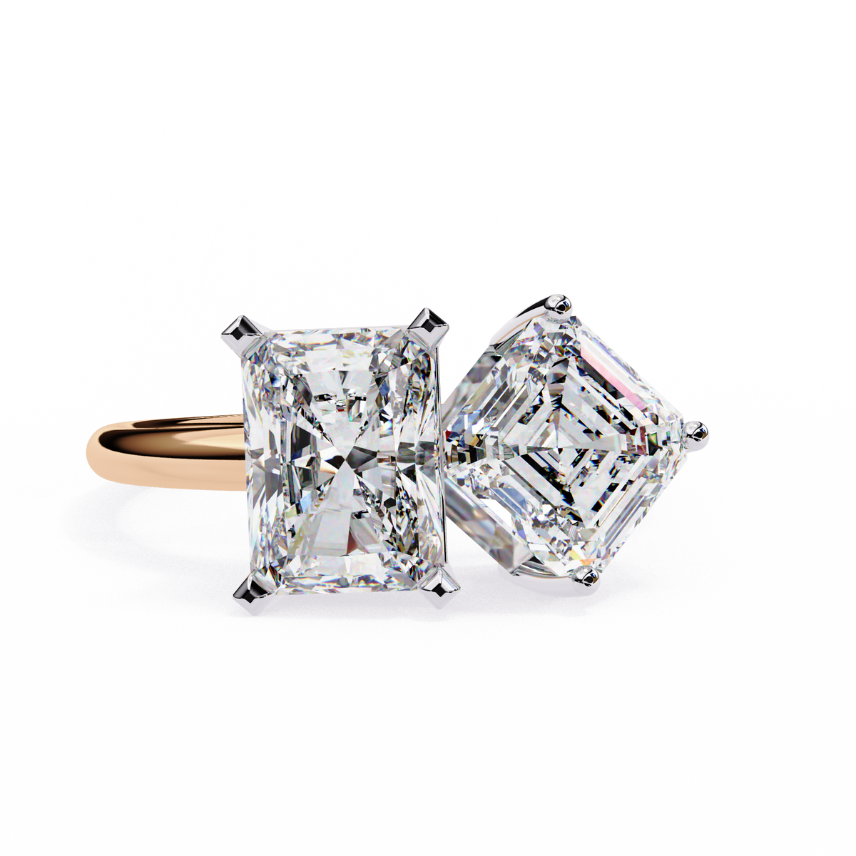 Rose Gold Toi et Moi Radiant and Asscher Cut Two Stone Diamond Ring