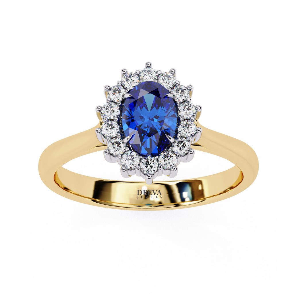 Yellow Gold Oval Blue Sapphire Ring with Diamond Halo