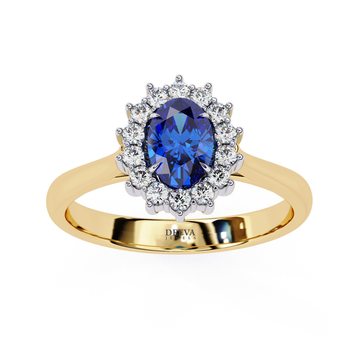 Yellow Gold Oval Blue Sapphire Ring with Diamond Halo
