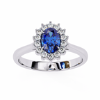 White Gold Oval Blue Sapphire Ring with Diamond Halo