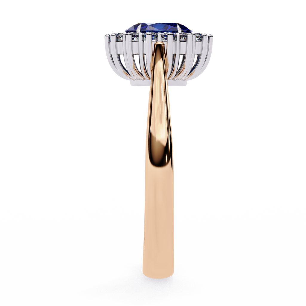 Rose Gold Oval Blue Sapphire Ring with Diamond Halo