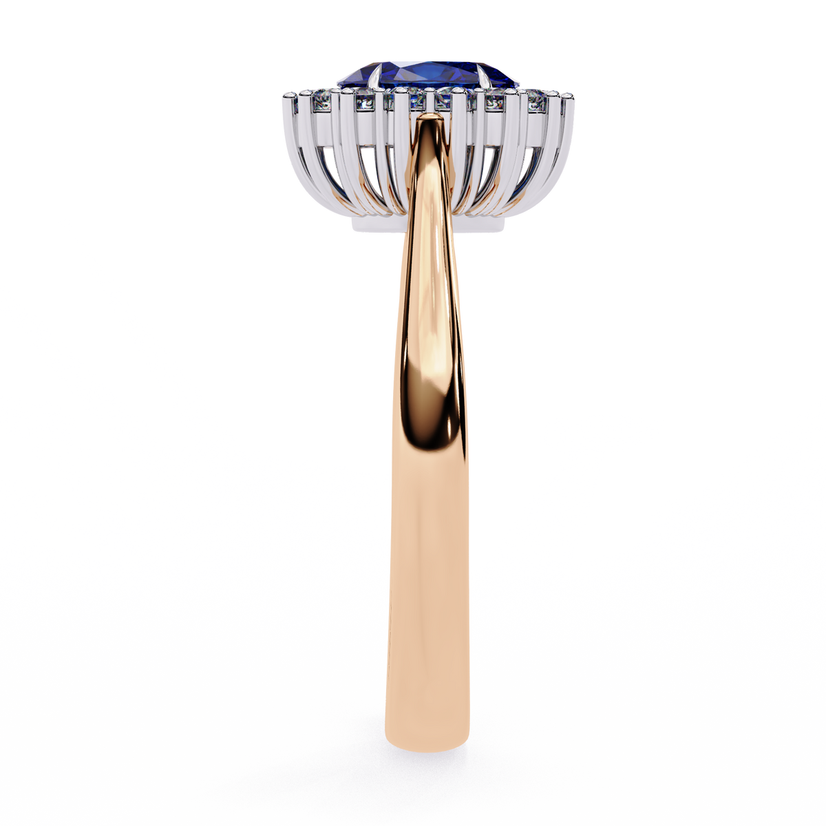Rose Gold Oval Blue Sapphire Ring with Diamond Halo