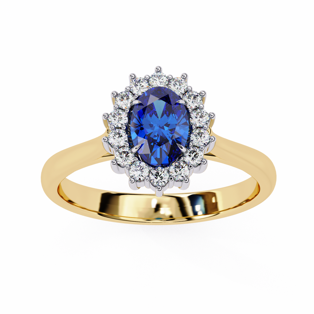 Yellow Gold Oval Blue Sapphire Ring with Diamond Halo