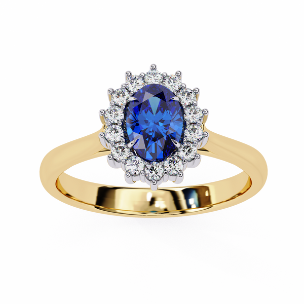 Yellow Gold Oval Blue Sapphire Ring with Diamond Halo