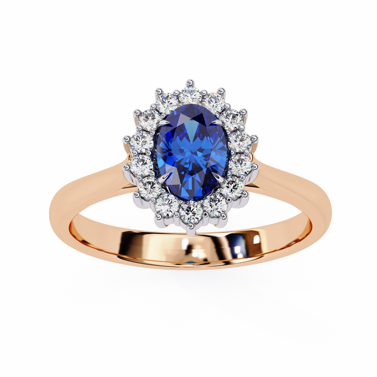 Rose Gold Oval Blue Sapphire Ring with Diamond Halo