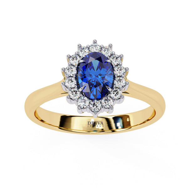 Yellow Gold Oval Blue Sapphire Ring with Diamond Halo
