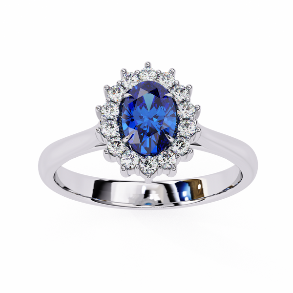 White Gold Oval Blue Sapphire Ring with Diamond Halo