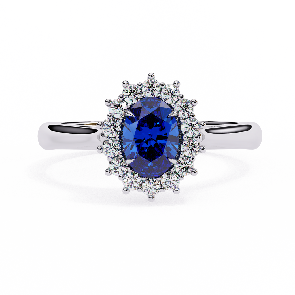 White Gold Oval Blue Sapphire Ring with Diamond Halo