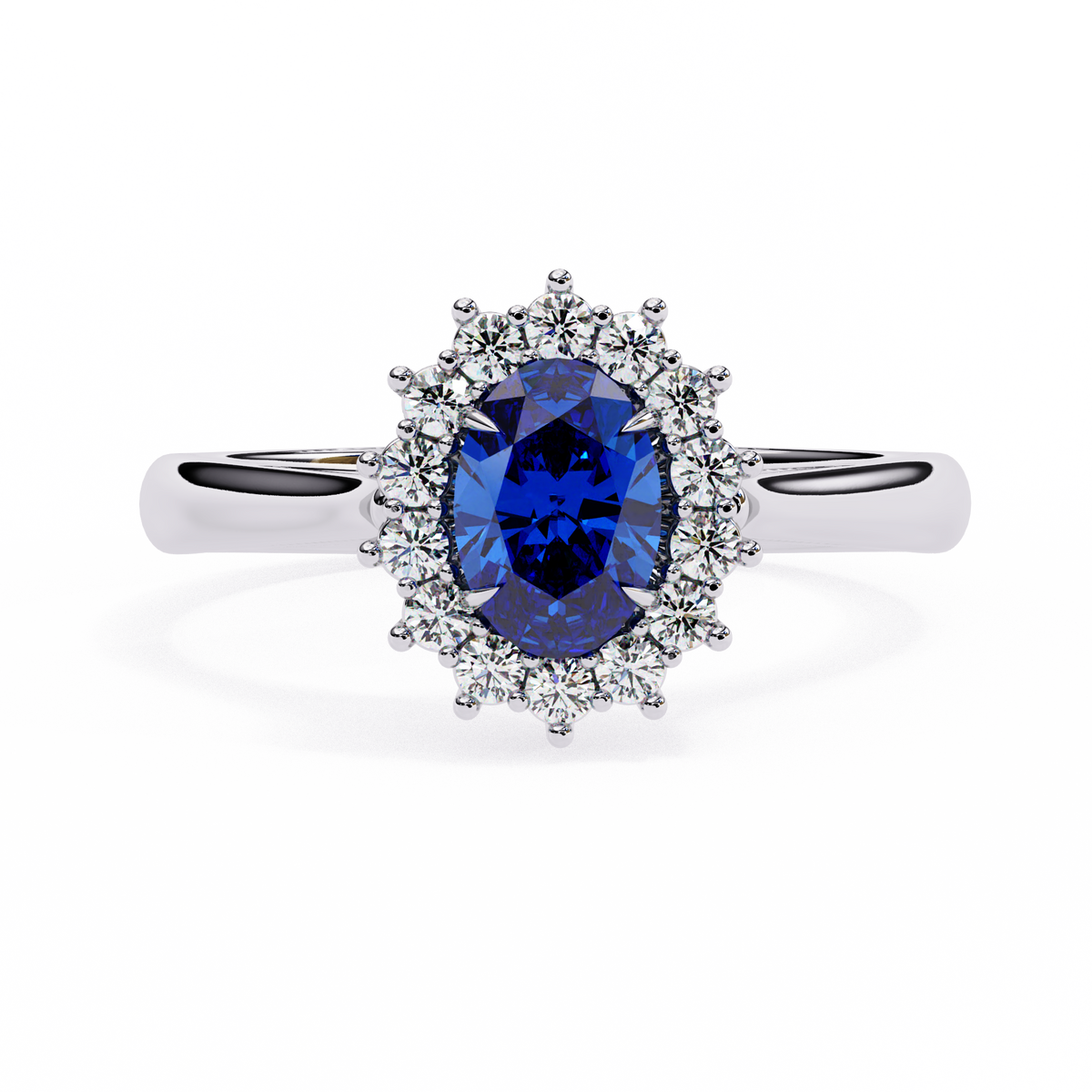 White Gold Oval Blue Sapphire Ring with Diamond Halo