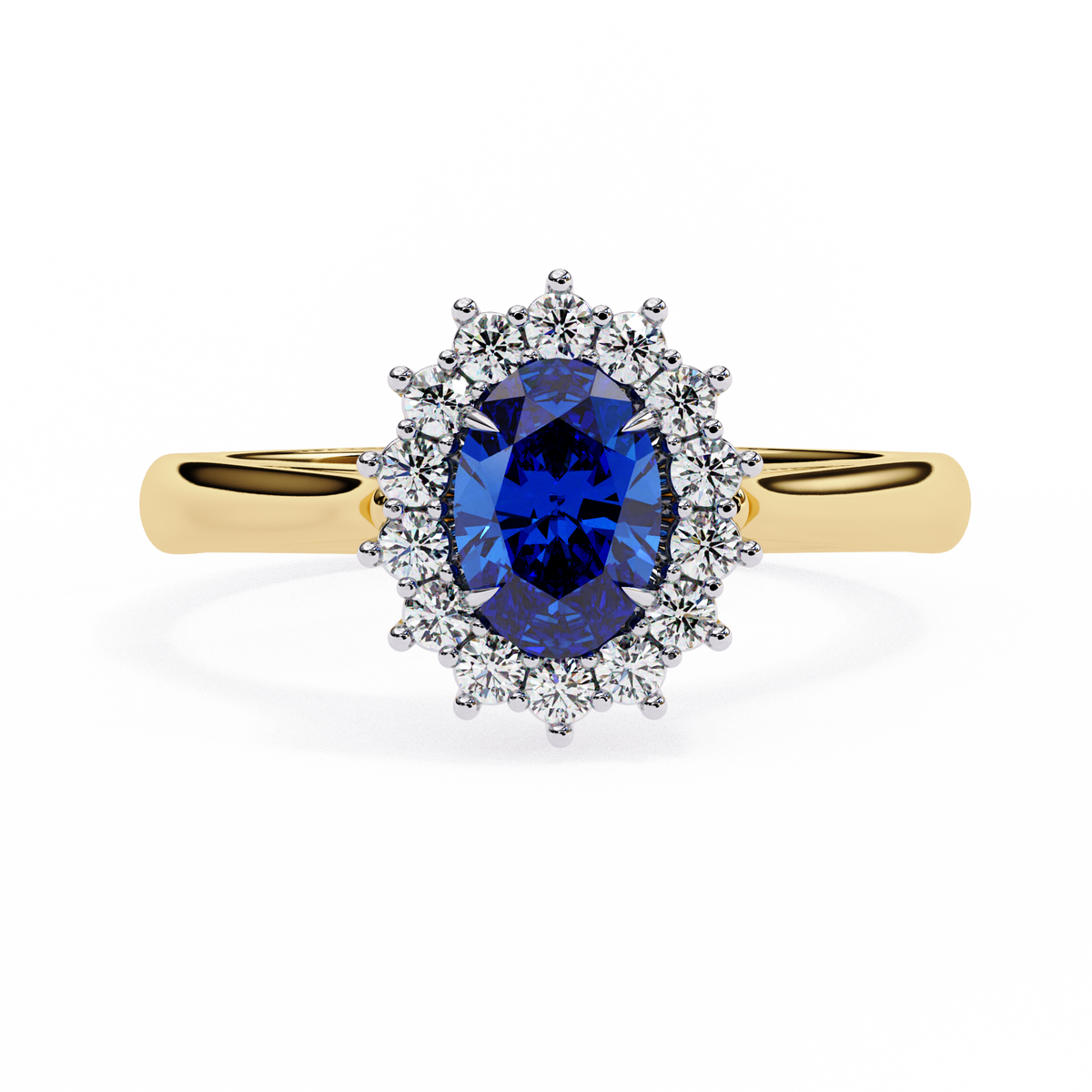 Yellow Gold Oval Blue Sapphire Ring with Diamond Halo