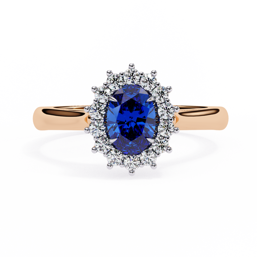 Rose Gold Oval Blue Sapphire Ring with Diamond Halo