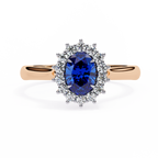 Rose Gold Oval Blue Sapphire Ring with Diamond Halo