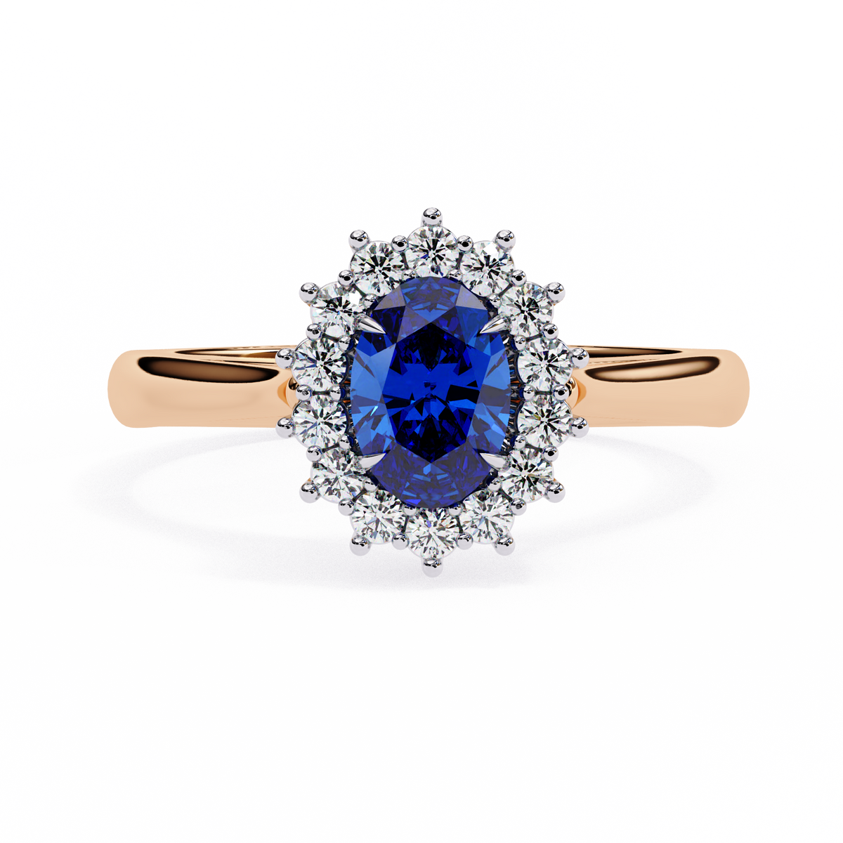 Rose Gold Oval Blue Sapphire Ring with Diamond Halo