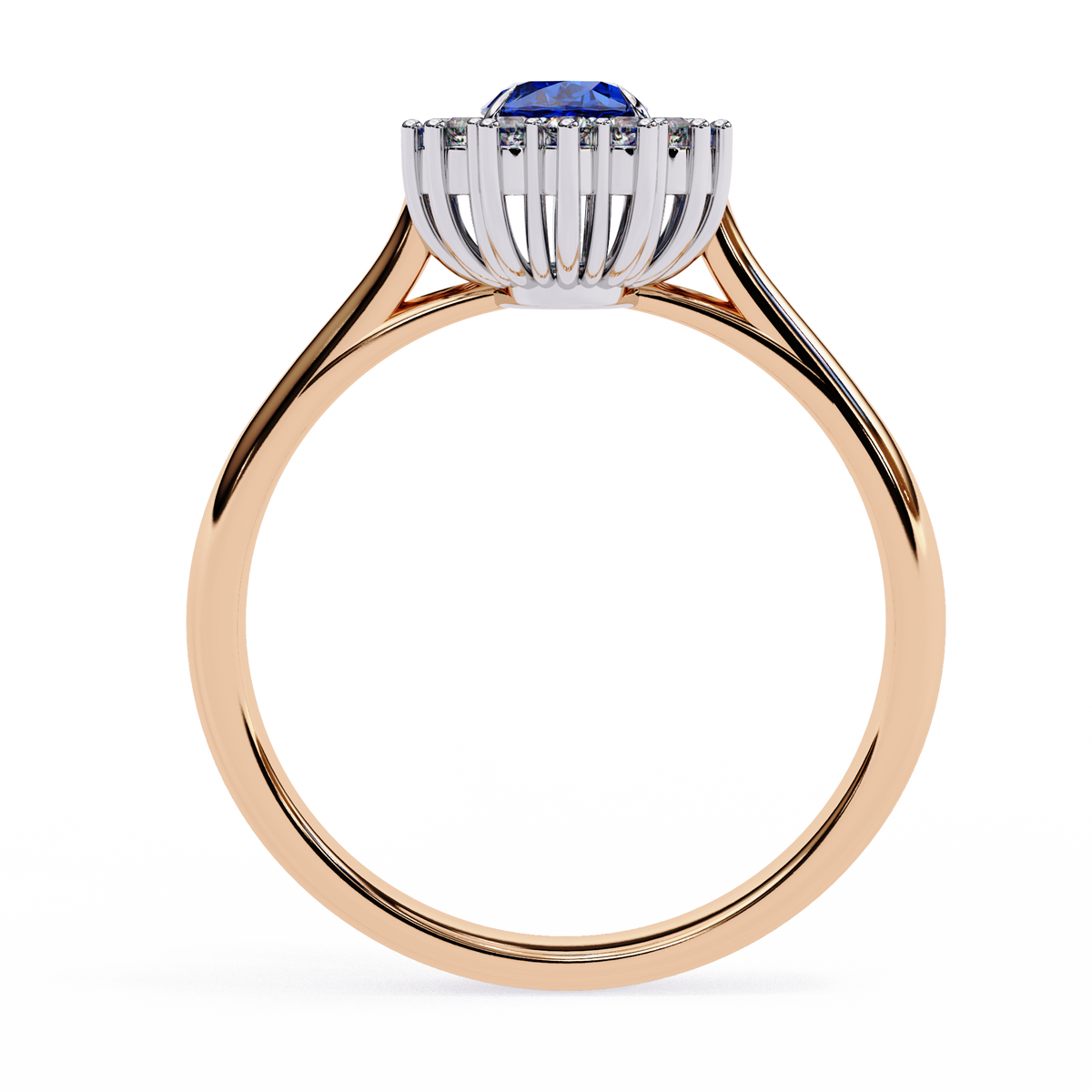 Rose Gold Oval Blue Sapphire Ring with Diamond Halo