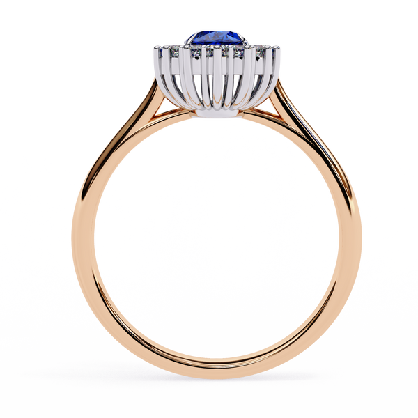 Rose Gold Oval Blue Sapphire Ring with Diamond Halo