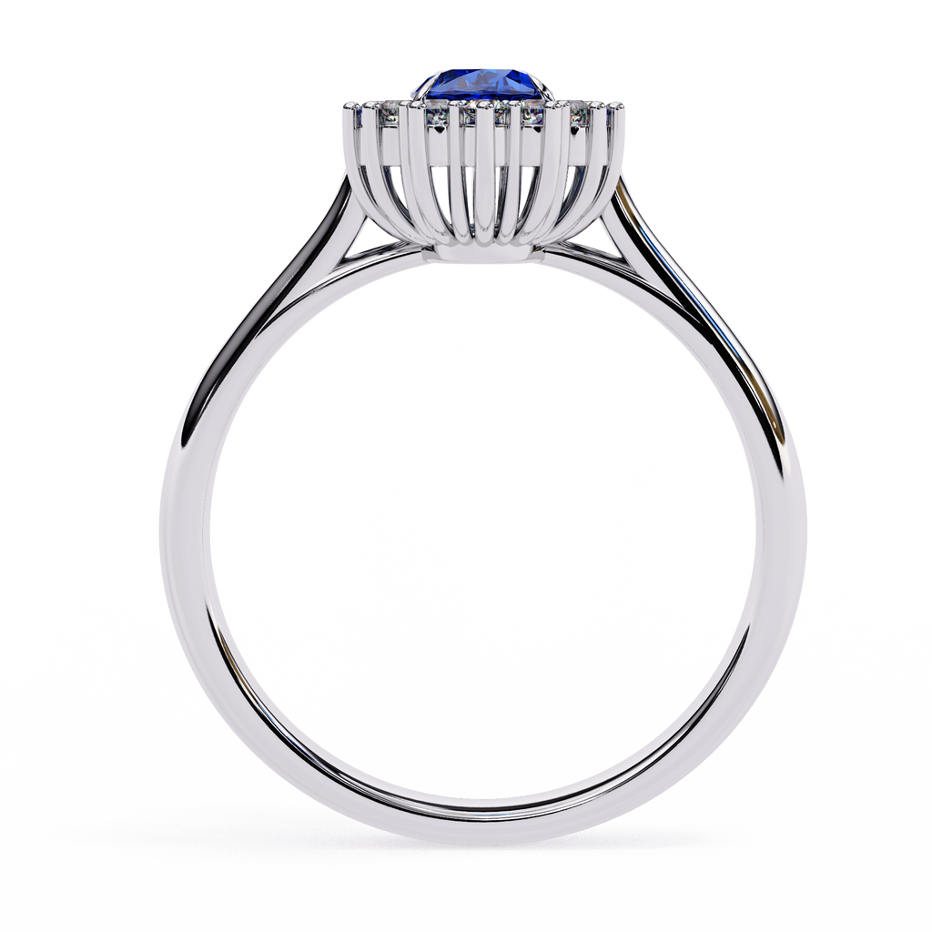 White Gold Oval Blue Sapphire Ring with Diamond Halo