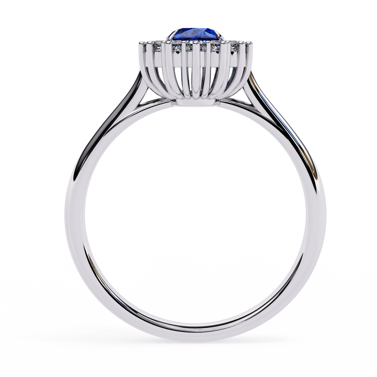 White Gold Oval Blue Sapphire Ring with Diamond Halo