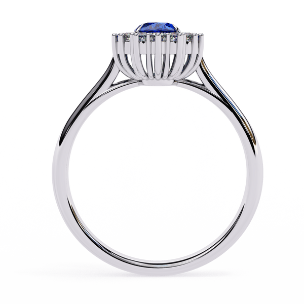White Gold Oval Blue Sapphire Ring with Diamond Halo