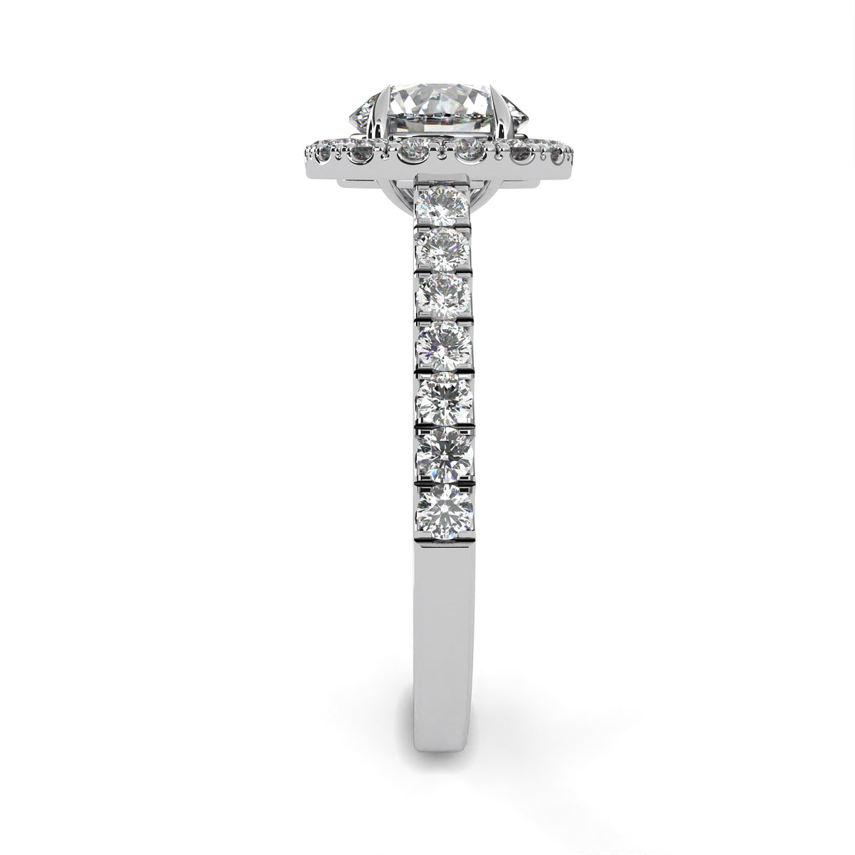 White Gold Round Brilliant Diamond Halo Ring with Pavé Band