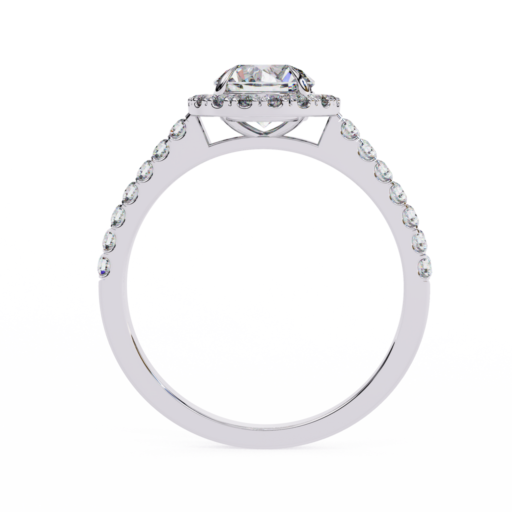 White Gold Round Brilliant Diamond Halo Ring with Pavé Band